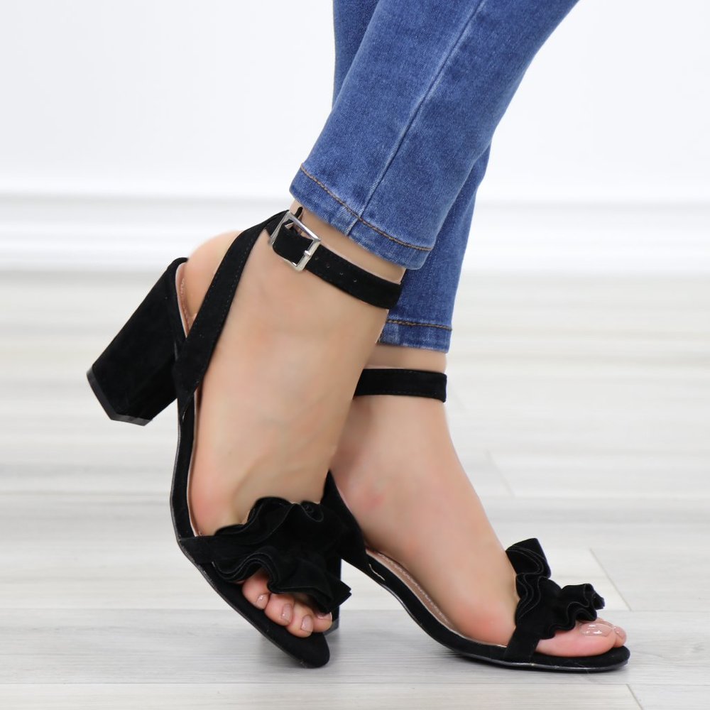 Suede Black Chunky Heel Open Ruffle Toe Sandal - Picture 2 of 10